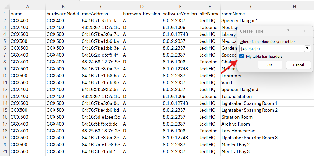 format at table with headers 