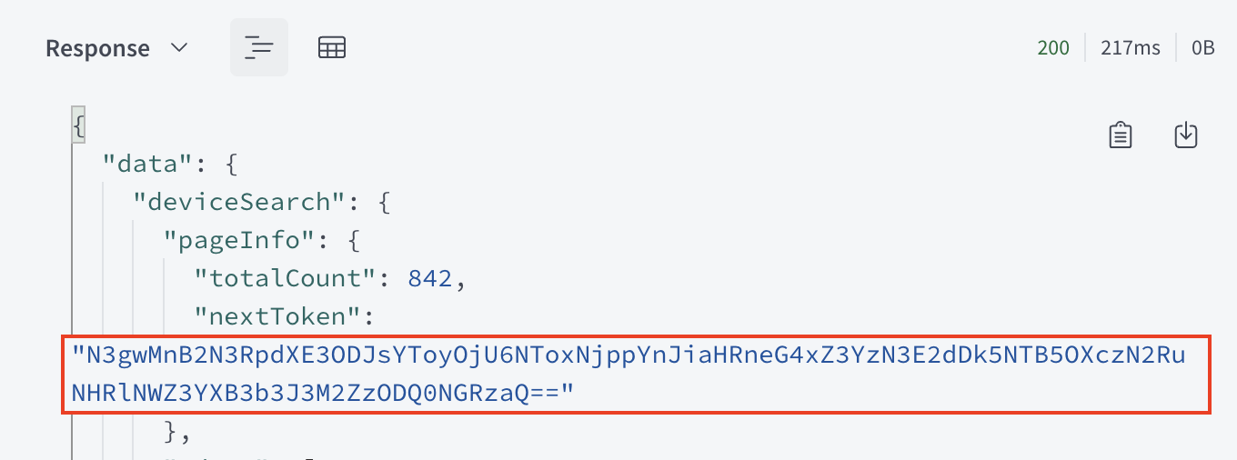 Poly GraphQL Playground query response with nextToken string