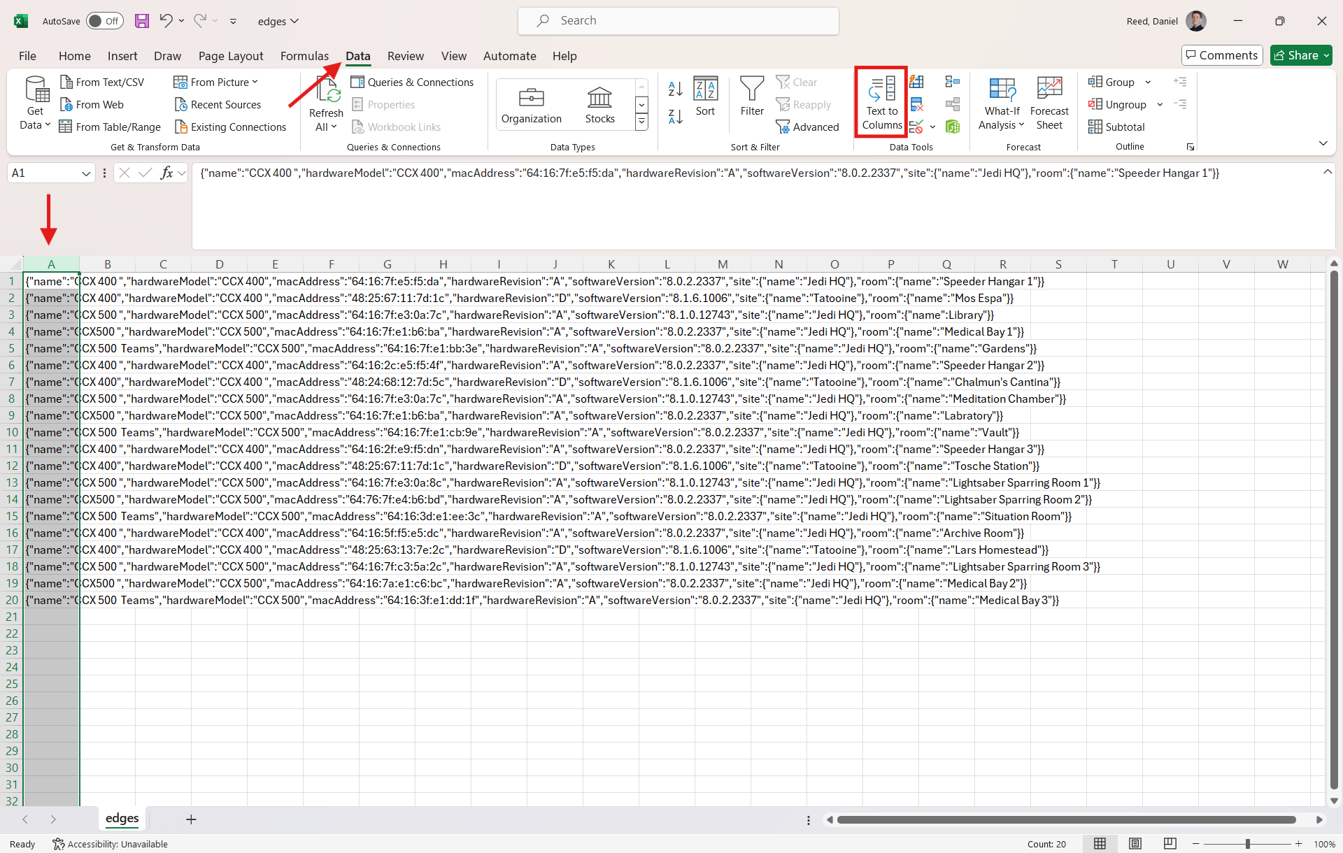 Select all data in column A, click data tab, and click text to columns wizard