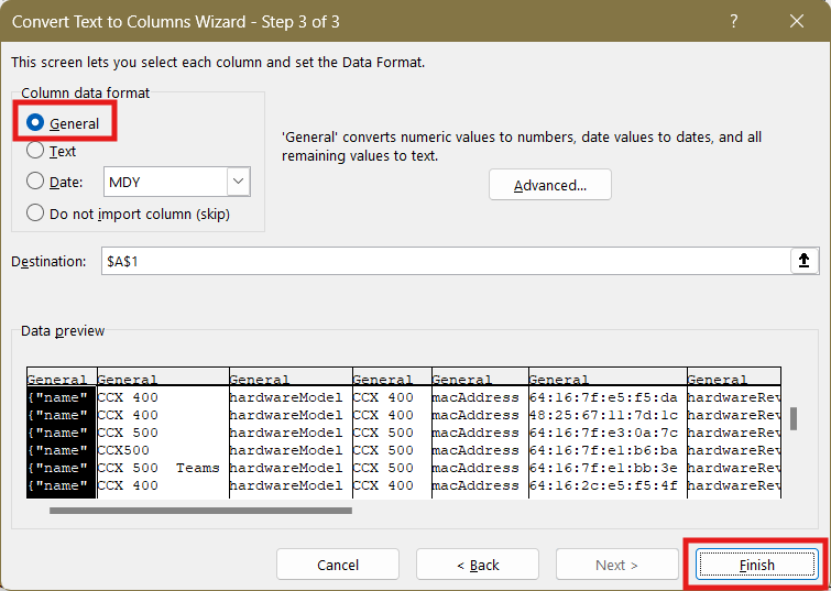 text to columns step 3 select general column data format 