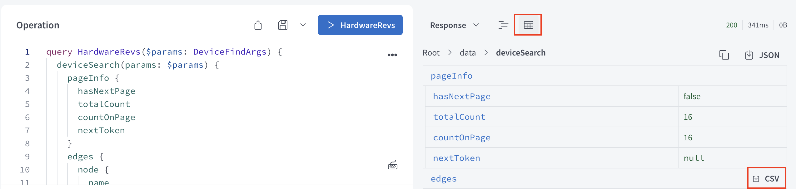 Poly GraphQL Playground response with csv download